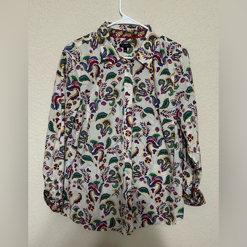 Talbots Long Sleeve 100% Cotton Paisley Print Button Up Shirt Blue Size large